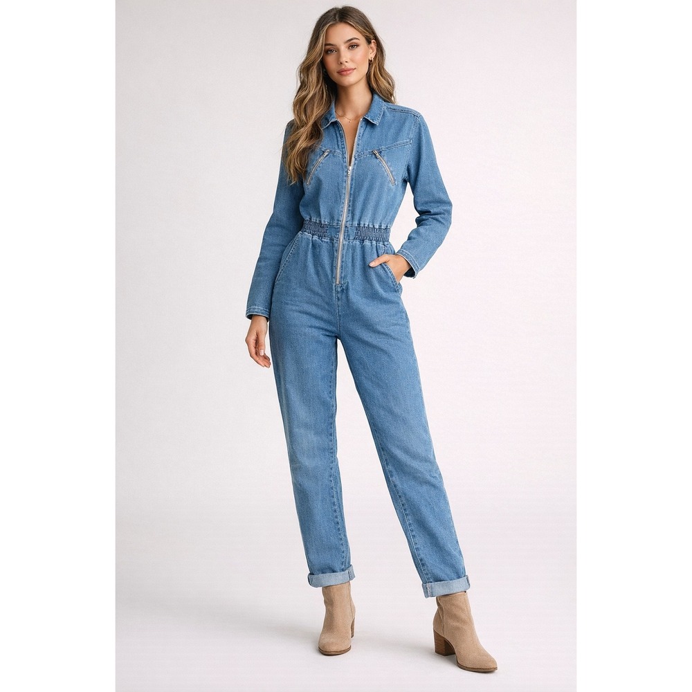 C'est Toi Womens Denim Boiler Suit Jumpsuit Blue Long Sleeve Full Zip Small